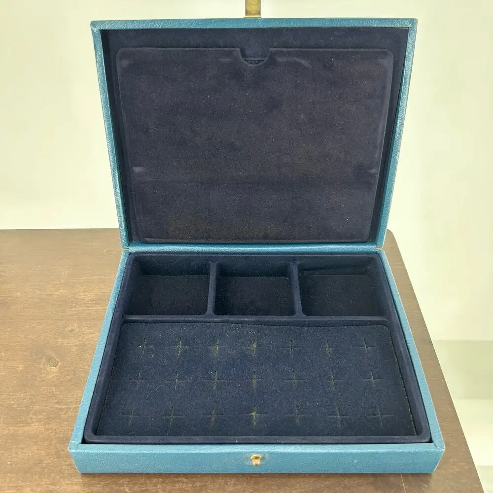 Vintage Avon Faux Leather Jewelry Box Blue Green Teal Hinged Storage Case Velvet